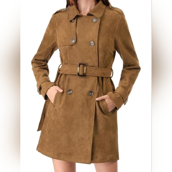 Allegra K Women Faux Suede Trench Coat Jacket with Belt Size XS - Picture 3 of 6